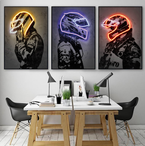 Retro Helmet Neon Canvas Art โ Vintage Wall Decor