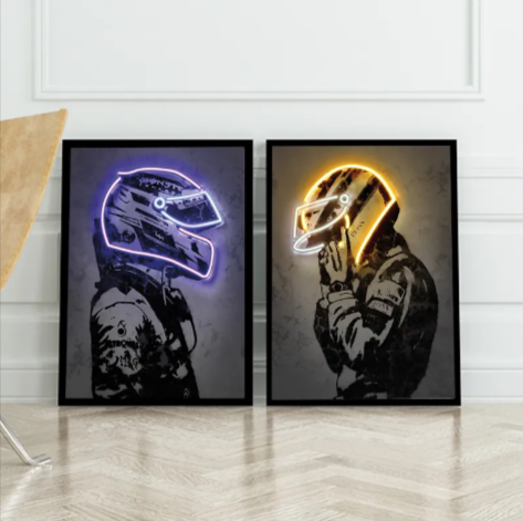 Retro Helmet Neon Canvas Art โ Vintage Wall Decor